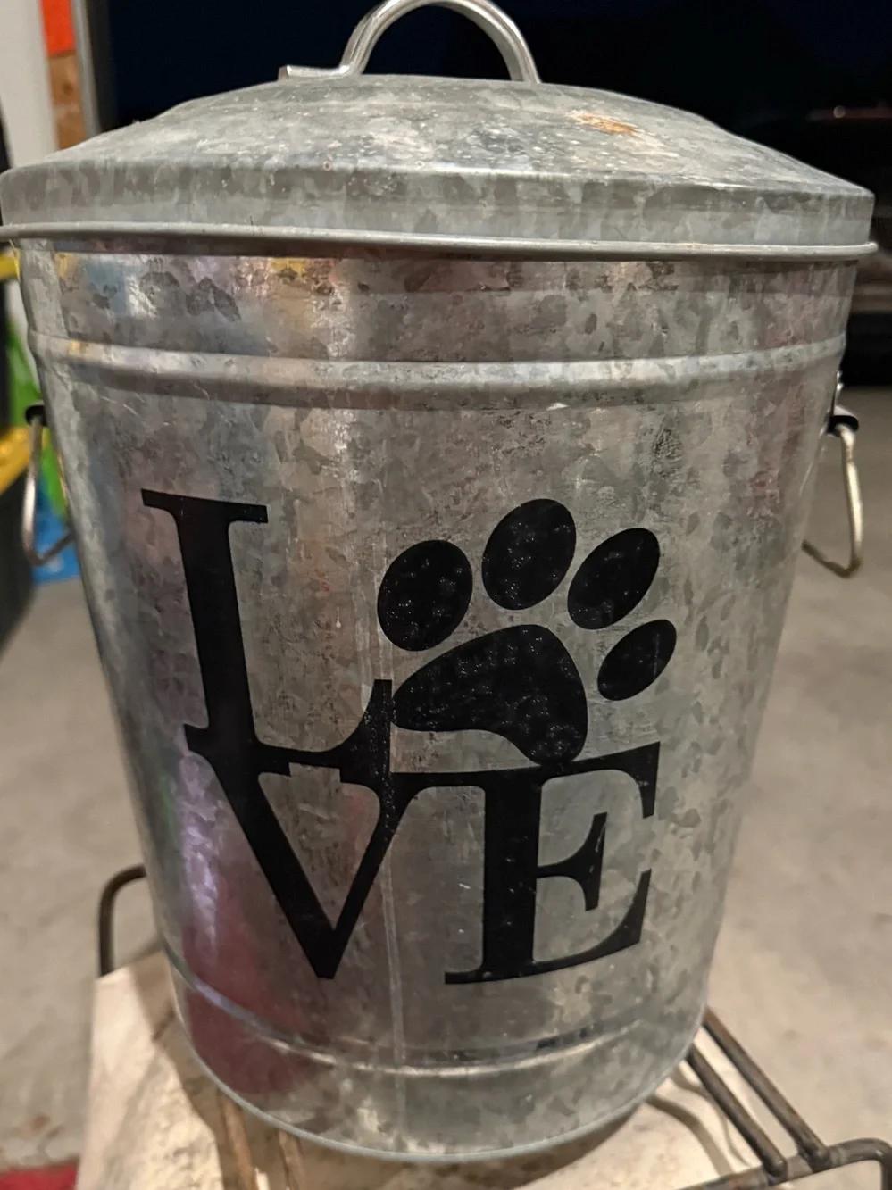 Galvanized Metal Pet Treat Canister with LOVE Paw Graphic